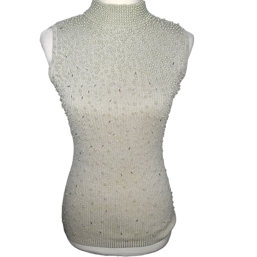 Belldini Pearl Silver Beaded Knit Top VTG S Metallic Sleeveless Mock Silk Lurex